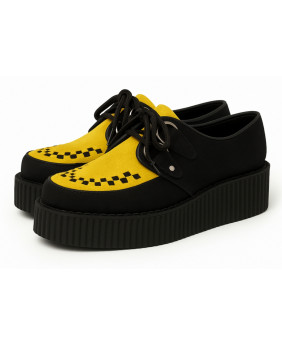 Creepers à double semelle en suède noir et jaune citron avec tressage noir contrasté – Nevermind