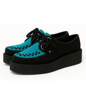 Modèle Creepers Nevermind noir & turquoise à semelle double de 5 cm.