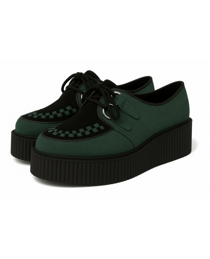 Creepers Nevermind en suédine vert Gramma et noir, semelle plateforme 5 cm.