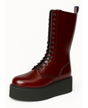 Stivali creeper alti unisex in pelle lucida cherry con suola nera platform, marca Nevermind.