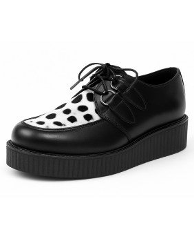 Nevermind-Shoes Creepers in black leather with lynx-pattern cowhide fur vamp and double sole.