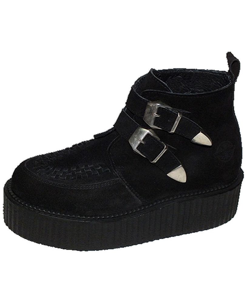 Black suede creeper with double buckles.