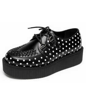 NEVERMIND Creepers in black leather with white polka dots and black double sole.
