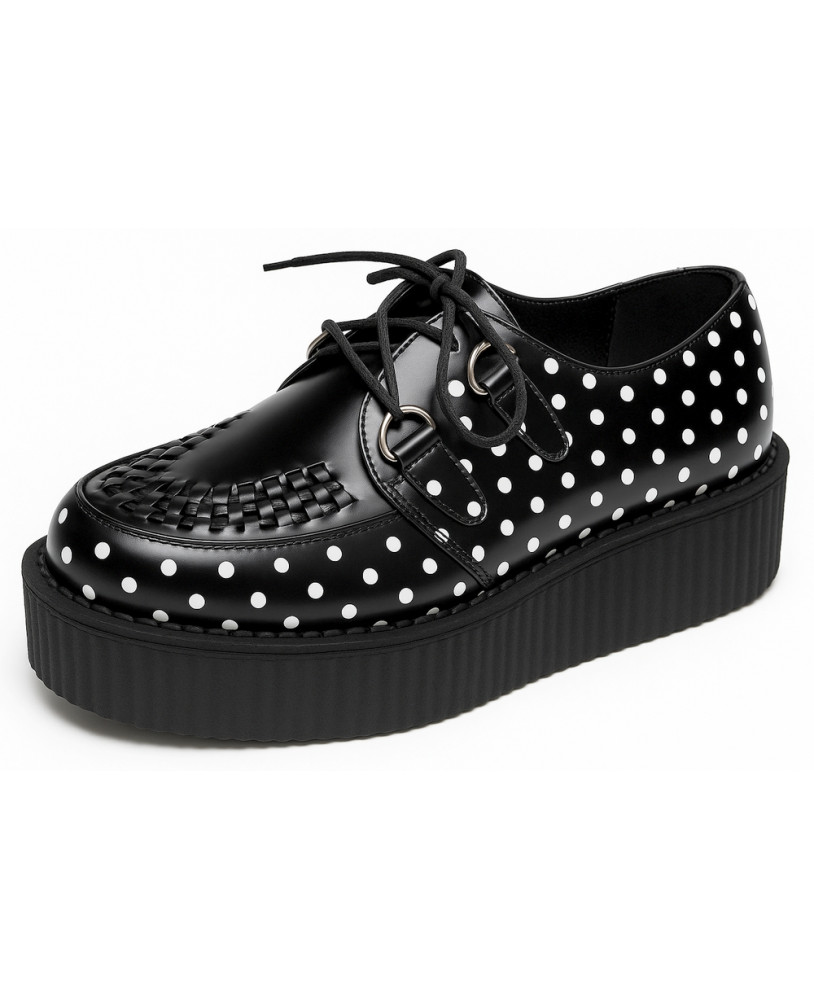 NEVERMIND Creepers in black leather with white polka dots and black double sole.