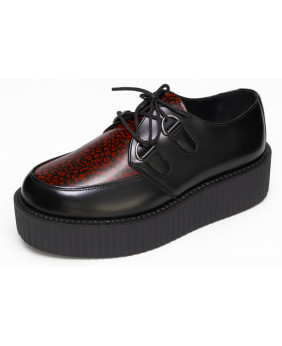 Nevermind-Shoes Creepers in black leather with red leopard pattern and double sole.
