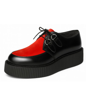 Nevermind-Shoes Creepers in black leather and red suede with double sole.
