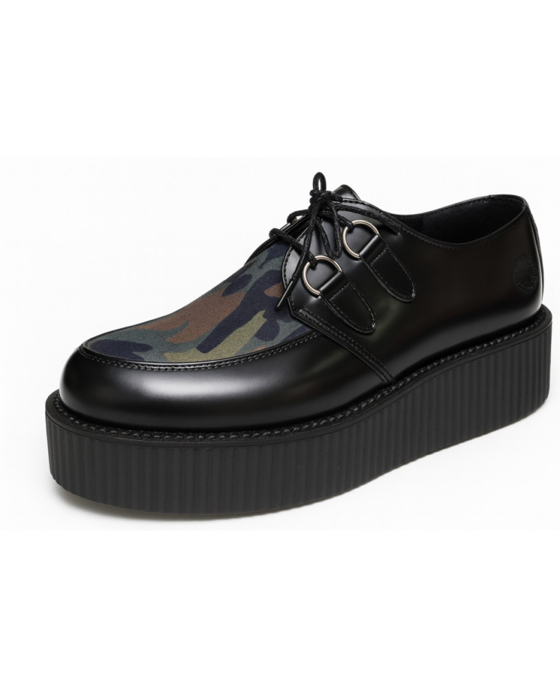 Nevermind Creepers in black leather with camouflage fabric insert and double black platform sole.