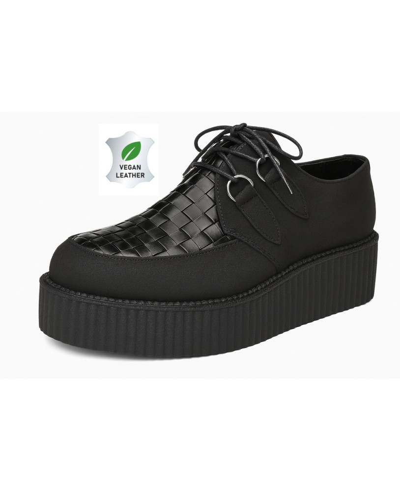 Creepers Nevermind double semelle – cuir vegan tressé & suédine vegan noire.
