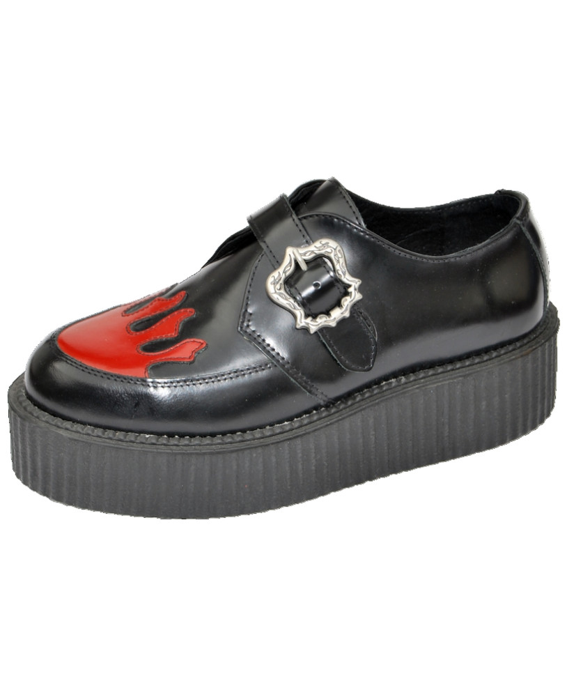Nevermind double-sole Creepers – black leather, red flames & silver buckle.