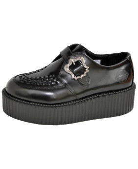 Nevermind Creepers double sole – black leather, woven vamp & silver buckle.