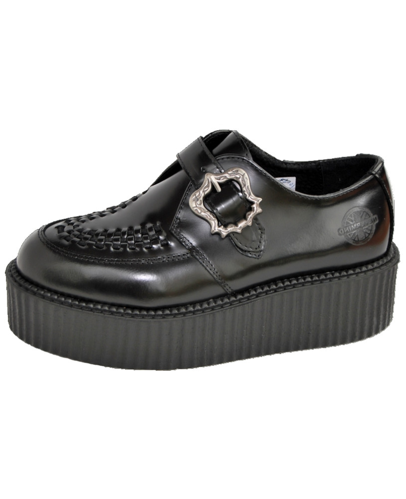 Nevermind Creepers double sole – black leather, woven vamp & silver buckle.