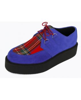 Nevermind Creepers double sole – blue suede & red tartan, unisex.