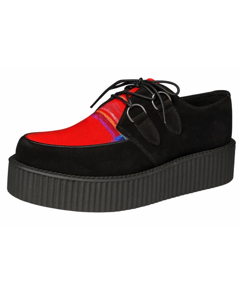 Nevermind double sole Creepers in black suede and multicolour red textile, striking contrast and unique aesthetic.