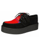 Creepers Nevermind a doppia suola in camoscio nero e tessuto rosso multicolore, contrasto deciso ed estetica unica.