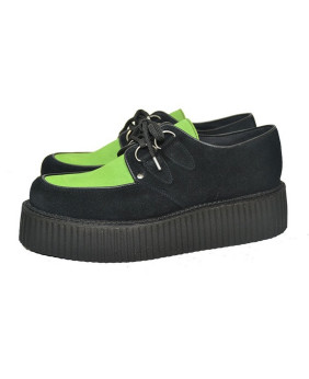 Creepers Nevermind in black and green suede – double sole, punk and alternative style, unisex.