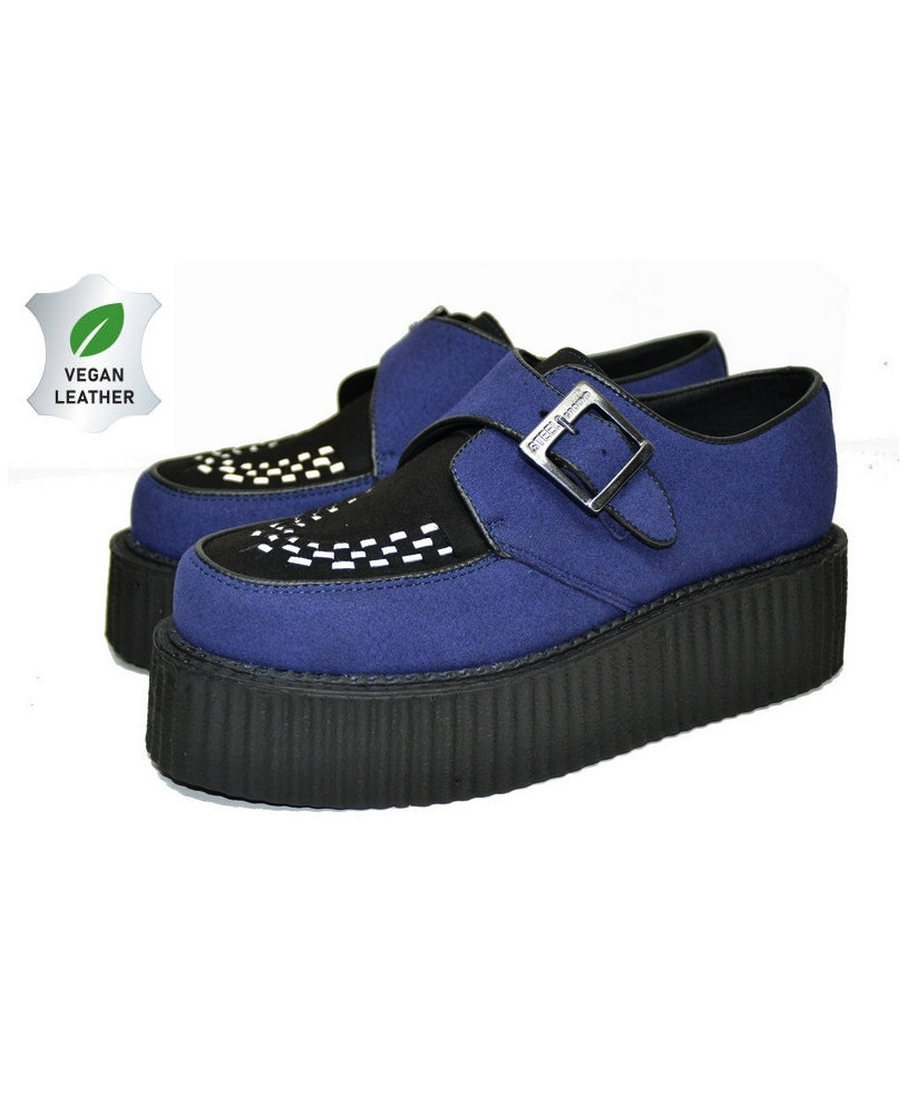Creepers Nevermind in pelle vegana e camoscio blu con fibbia.