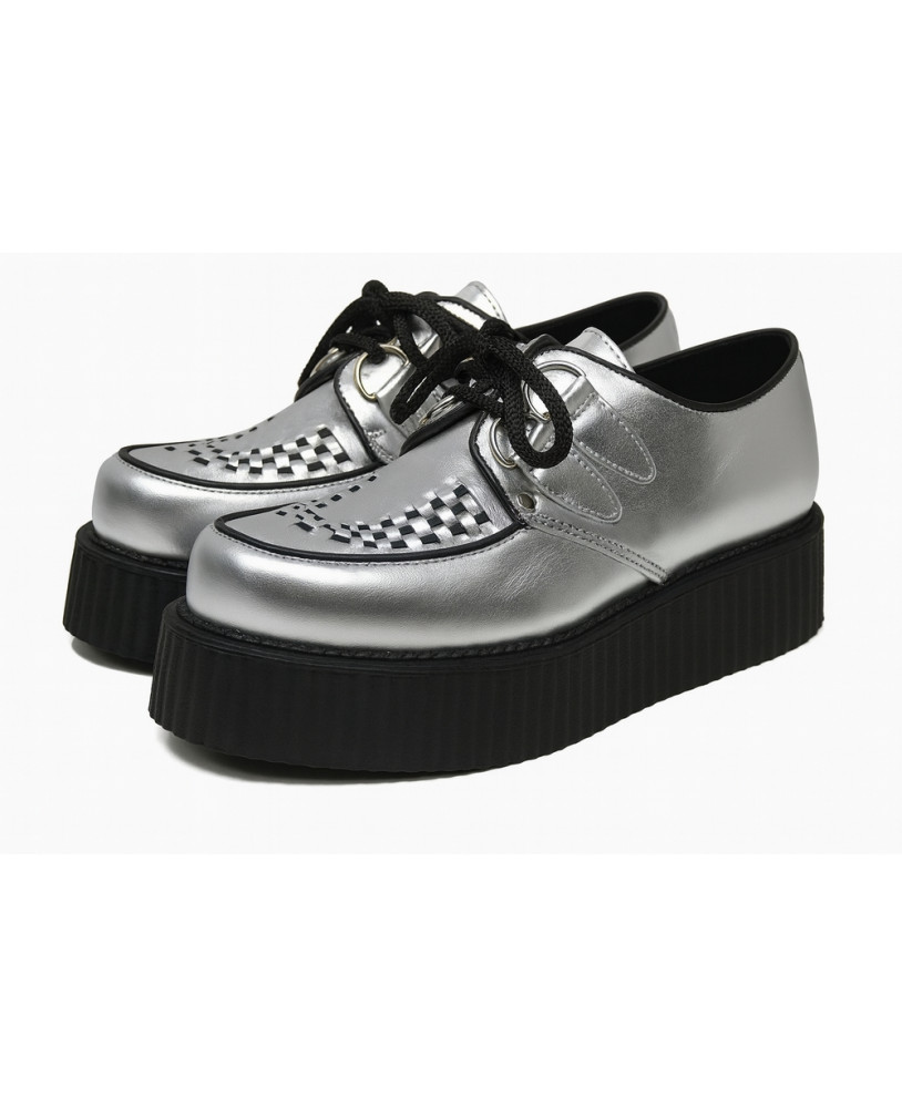 Nevermind silver creepers in genuine leather with double rubber sole – futuristic style.