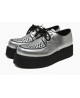 Creepers Nevermind en cuir argenté, double semelle en gomme, style futuriste.