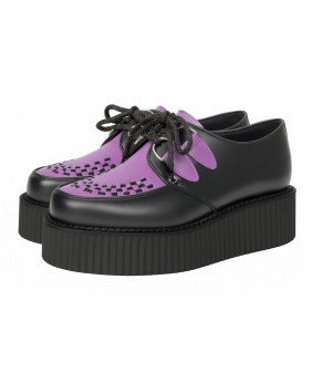 Creepers Nevermind en cuir noir & cuir violet, double semelle en gomme, style affirmé.