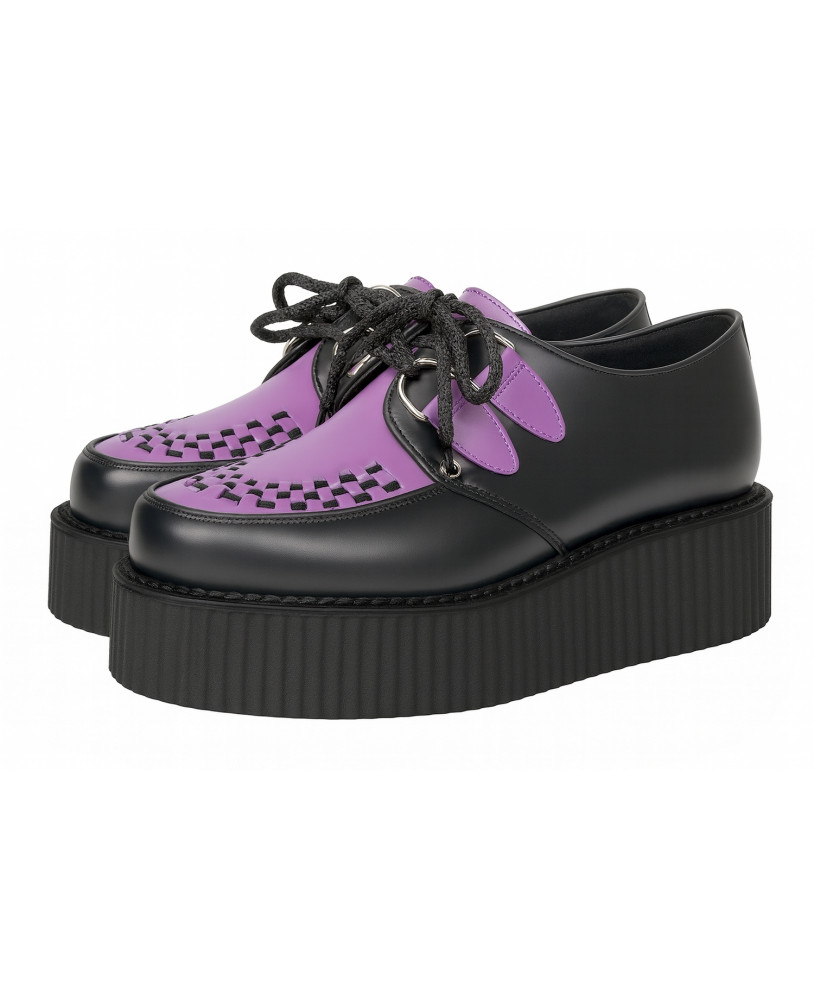 Nevermind Creepers in black leather & purple leather, double rubber sole, bold statement style.