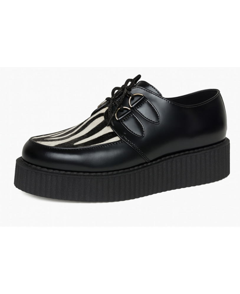 Creepers Nevermind black leather & zebra cowhide, double sole.