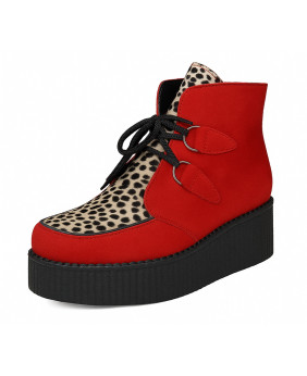 Bottines Creepers Nevermind suédine rouge & fourrure bovine léopard, double semelle en gomme noire, laçage anneaux métalliques.