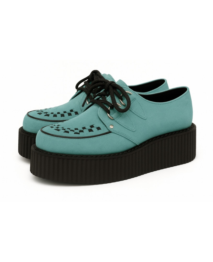 Creepers Nevermind en nubuck aqua (vert d’eau) à semelle double noire – un classique revisité aux accents frais et audacieux.