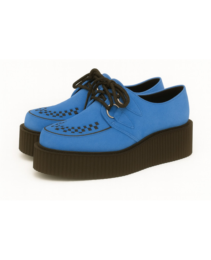 Creepers Nevermind en nubuck bleu océan à double semelle – profondeur et élégance sur semelle noire.