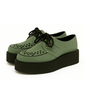 Creepers Nevermind de nobuk verde salvia con doble suela – frescura natural sobre suela negra.