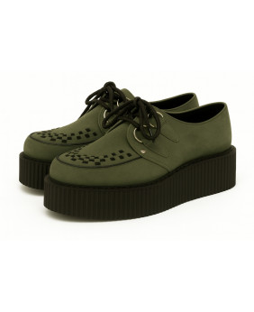 Nevermind Creepers aus olivgrünem Nubukleder mit Doppelsohle – natürliche Originalität auf schwarzer Sohle.