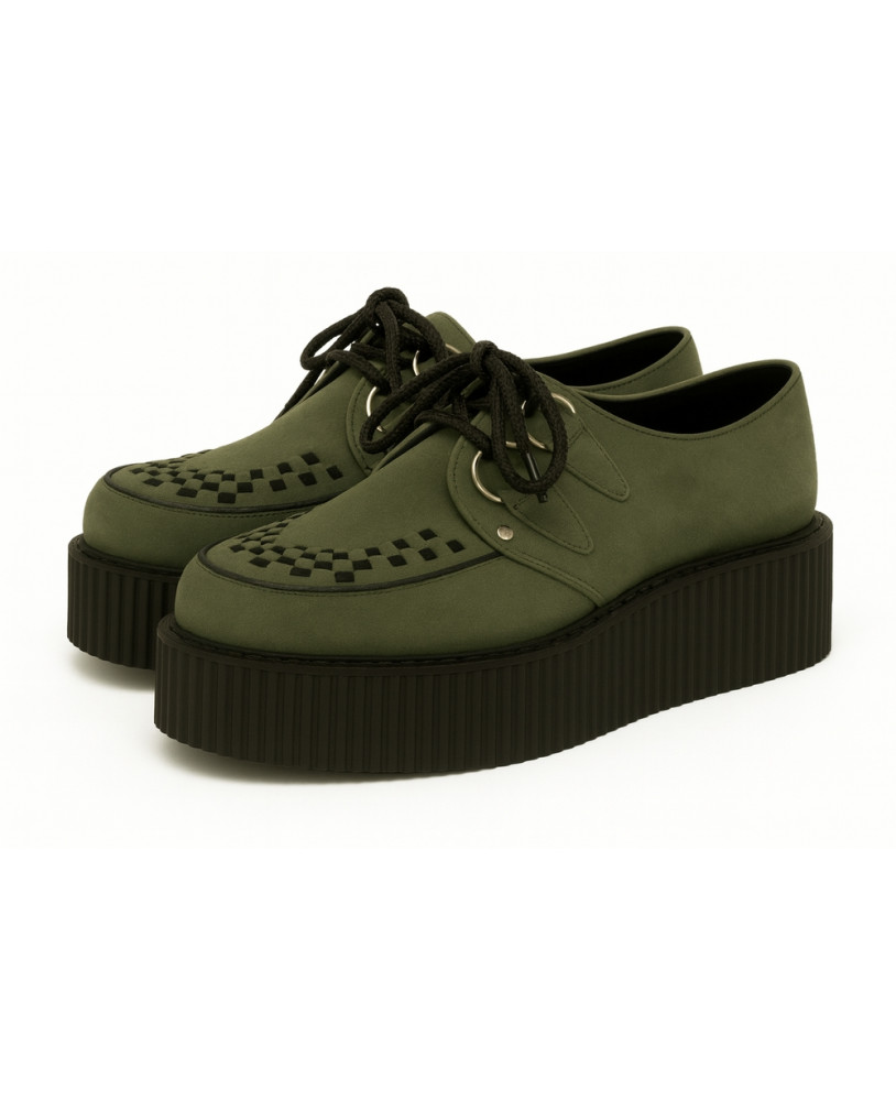 Creepers Nevermind en nubuck vert olive à double semelle – allure naturelle et originale sur semelle noire.