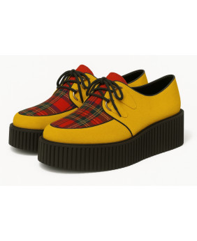 Creepers Nevermind en suédine jaune et textile tartan à double semelle – style punk et énergie sur semelle noire.