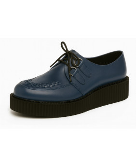 Creepers Nevermind in pelle liscia blu navy con intreccio artigianale e doppia suola nera.