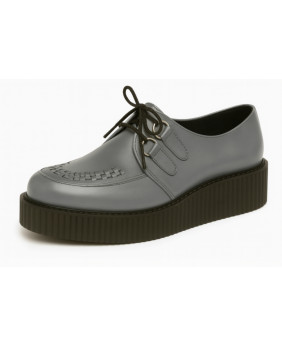Creepers Nevermind in pelle liscia grigio acciaio con intreccio artigianale e suola nera spessa.