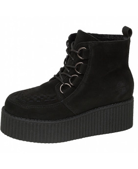 Creeper noire en cuir suédé avec tige montante et laçage métal.