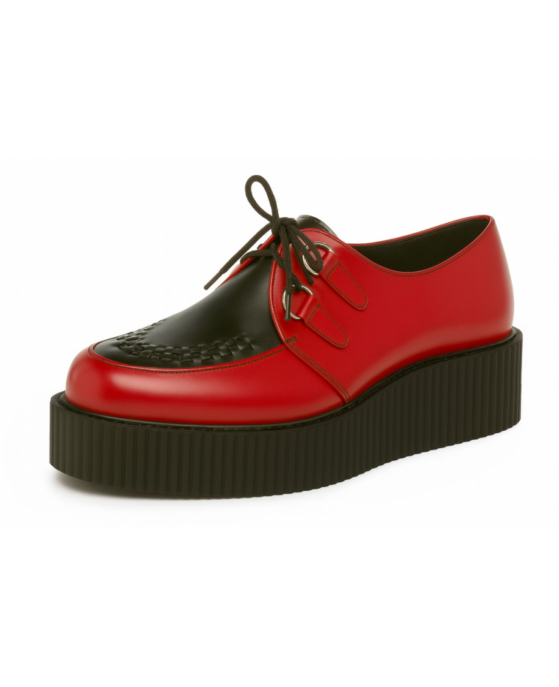Nevermind Creepers in smooth fire red and black leather with artisanal woven detailing and thick double black platform sole.