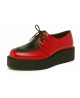 Creepers Nevermind en cuero liso bicolor rojo fuego y negro con entramado artesanal y suela doble negra.