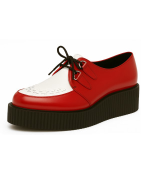 Creepers Nevermind en cuero liso bicolor rojo fuego y blanco con entramado artesanal y doble suela negra.