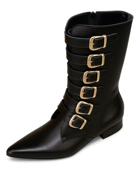 Black Nevermind boots featuring gold buckle straps