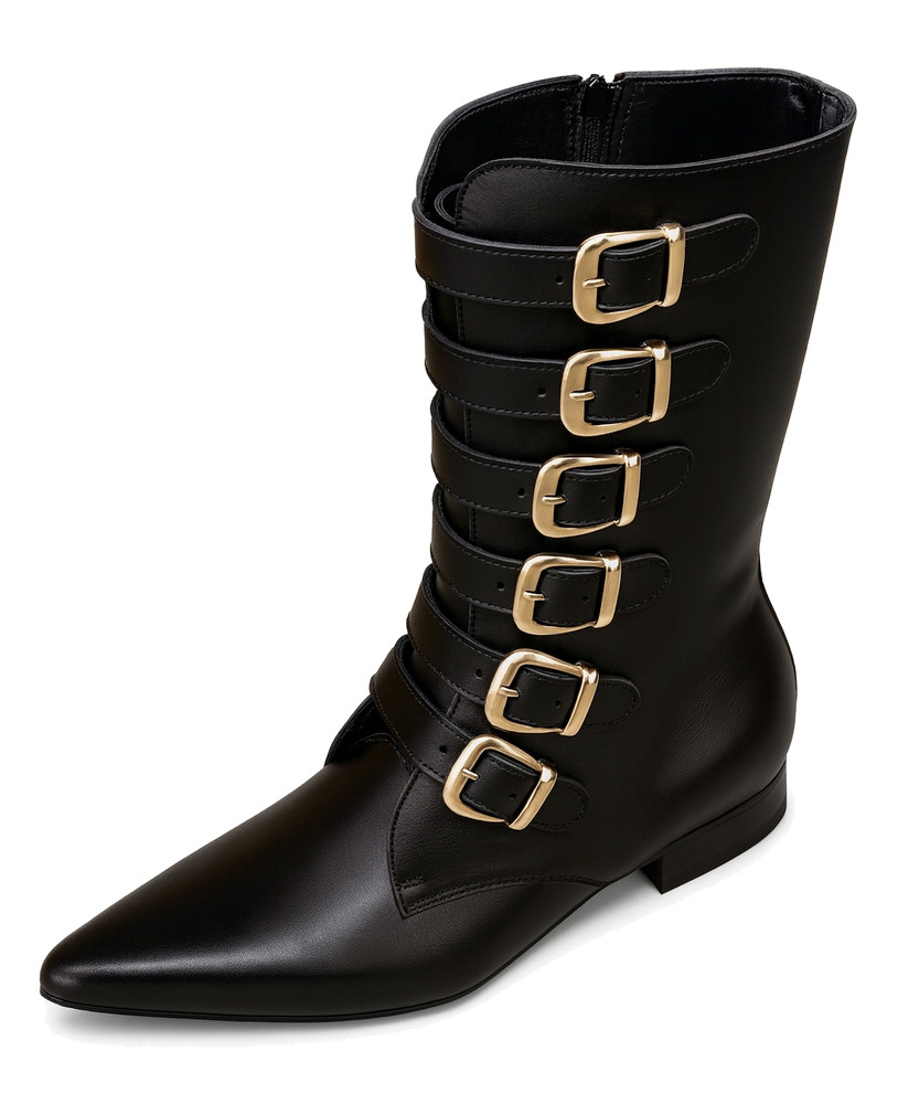 Black Nevermind boots featuring gold buckle straps