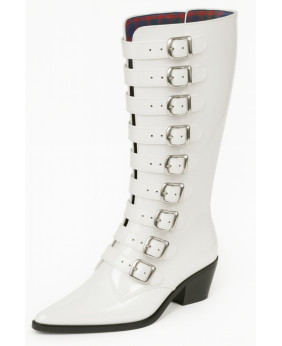 Botte haute en cuir blanc verni Nevermind, 10 boucles métalliques argentées.