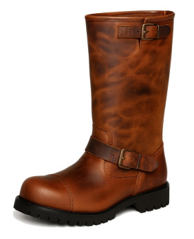 Botte biker nubuck huilé marron avec harnais.