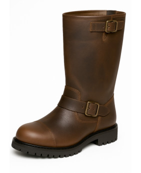Bota biker de cuero marrón granulado – Hebilla y arnés lateral