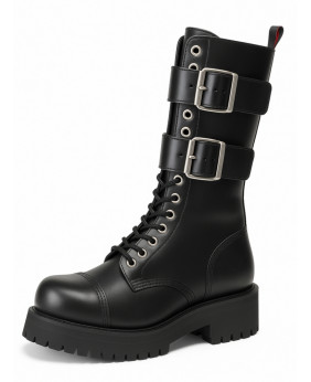 Botte ranger cuir noir à double boucle.