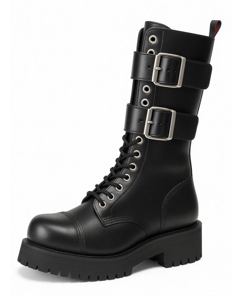 Black leather ranger boot with double buckle.