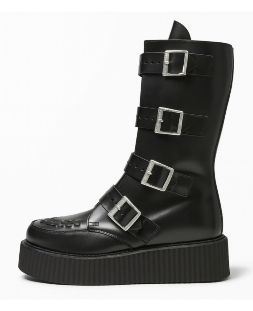 Nevermind black 4-buckle boot with creepers sole.