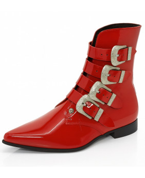 Red patent leather boots with four engraved buckles Moonlight.