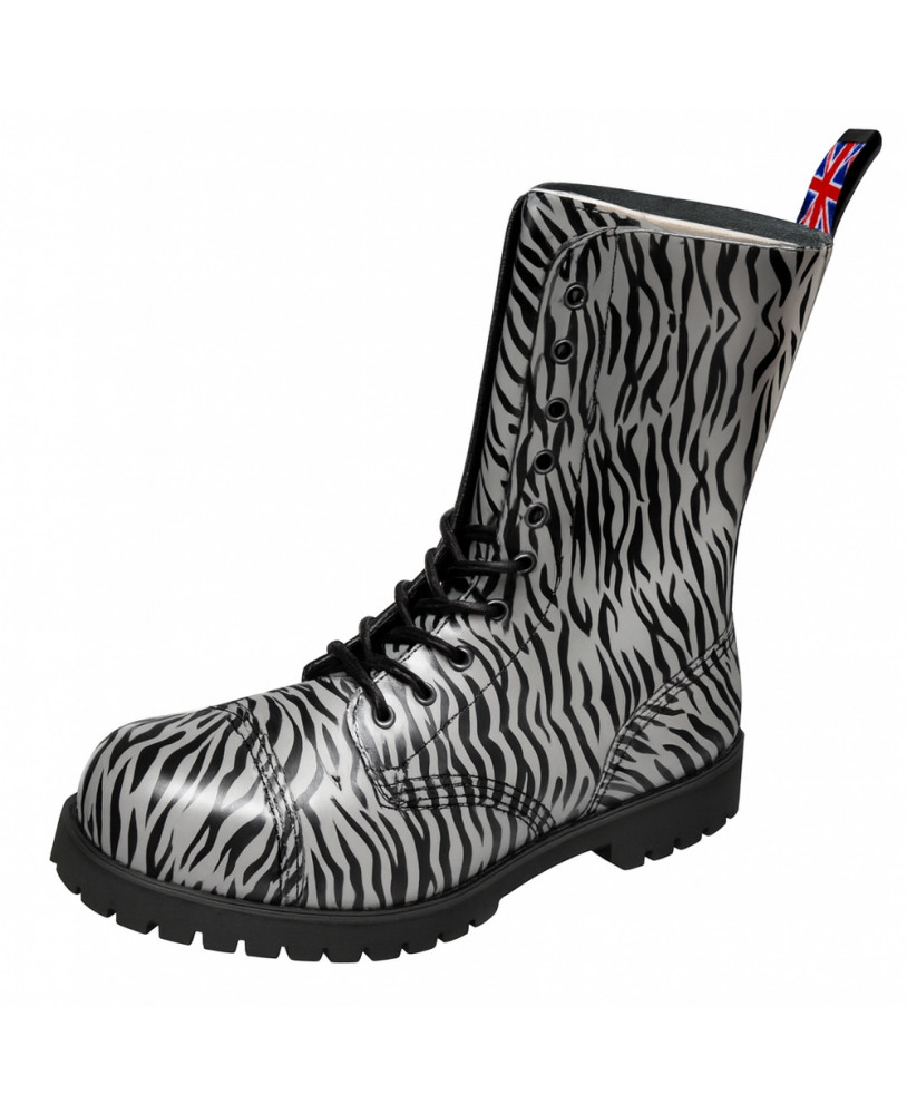 Nevermind Rangers 10 eyelets in grey leather with black zebra print – wild & alternative boots.