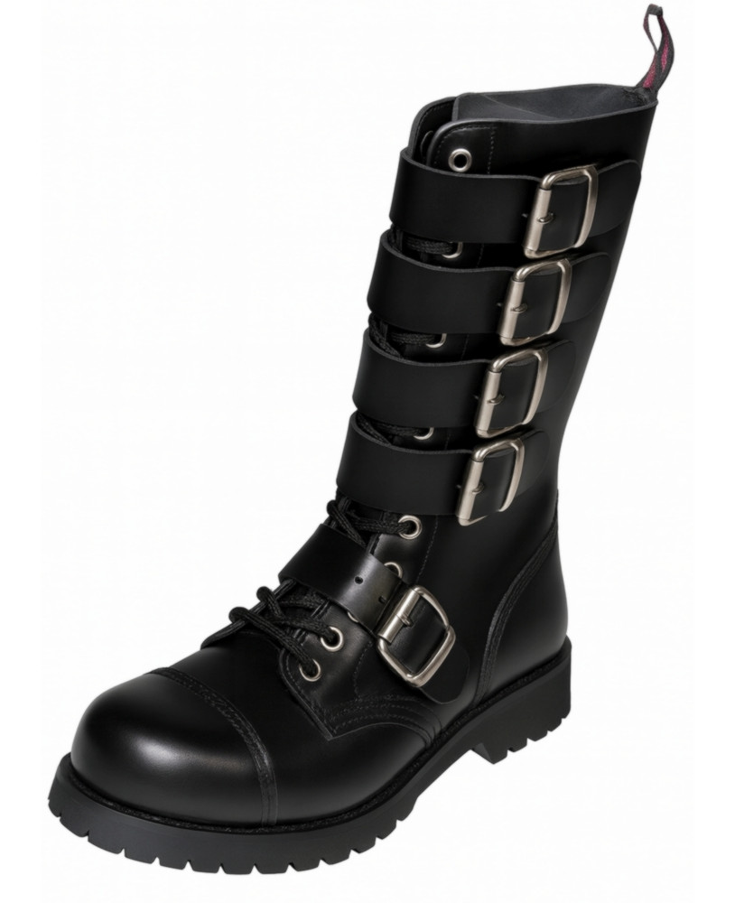 Rangers Nevermind 14 œillets en cuir noir avec 5 boucles et bout coqué – style underground extrême.