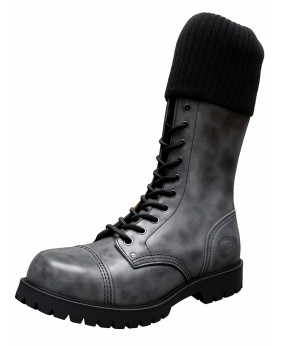 Rangers 14 Ösen Nevermind aus grauem patiniertem Leder mit Stoffumschlag und Stahlkappe – urbaner Militärstil.